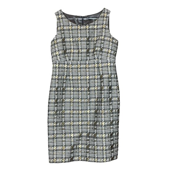 Albert Nipon Houndstooth Plaid Metallic Cocktail Dress Gray Ivory Gold Size 8 - Picture 1 of 8